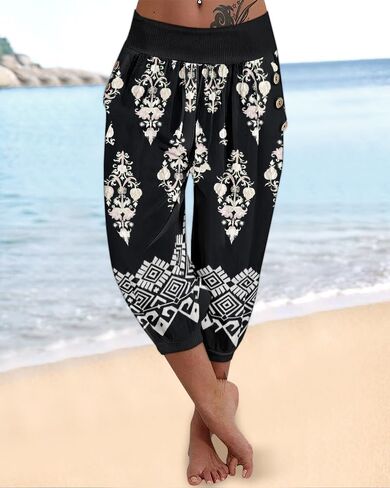 Womens Tribal Print Capri Pants with Pockets Low Waist Button Detail Loose Fit Bohemian Wide Leg Lantern Pants for Daily Wear in Saudi Arabia