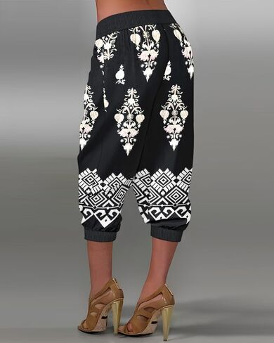 Womens Tribal Print Capri Pants with Pockets Low Waist Button Detail Loose Fit Bohemian Wide Leg Lantern Pants for Daily Wear in Saudi Arabia