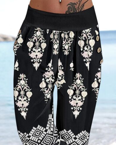 Womens Tribal Print Capri Pants with Pockets Low Waist Button Detail Loose Fit Bohemian Wide Leg Lantern Pants for Daily Wear in Saudi Arabia