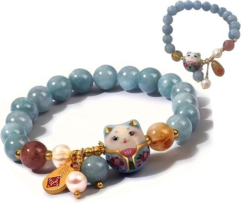 سوار RITIM Lucky Cat للنساء، سوار Maneki Neko الساحر مع قلادة قطة من الكريستال والسيراميك الأزرق، هدية مجوهرات فنغ شوي قابلة للتعديل لها حظًا سعيدًا in Saudi Arabia