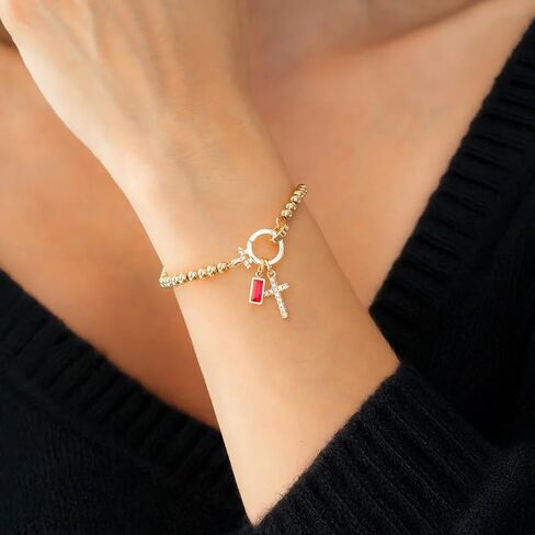 Mint & Lily Birthstone Cross Charm Bracelet - 18K Gold Plated Over Brass Gold Bracelet for Women with Gemstone in Kuwait