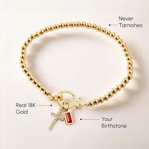 Mint & Lily Birthstone Cross Charm Bracelet - 18K Gold Plated Over Brass Gold Bracelet for Women with Gemstone in Kuwait
