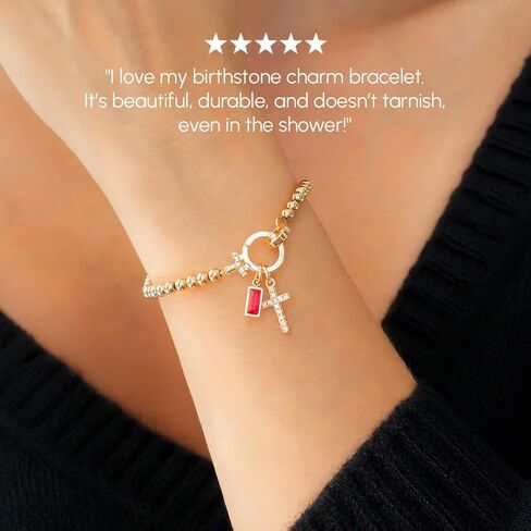Mint & Lily Birthstone Cross Charm Bracelet - 18K Gold Plated Over Brass Gold Bracelet for Women with Gemstone in Kuwait