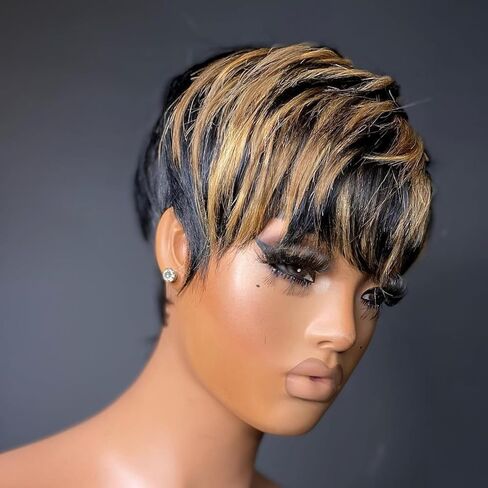 Pixie Cut Wig Human Hair Glueless Short Pixie Wigs for Women Black Color Straight None Lace Front Wigs with Bangs for Daily Use Full Machine Made Wigs Throw On and Go Wig f1b30 in Saudi Arabia
