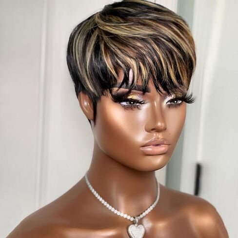 Pixie Cut Wig Human Hair Glueless Short Pixie Wigs for Women Black Color Straight None Lace Front Wigs with Bangs for Daily Use Full Machine Made Wigs Throw On and Go Wig f1b30 in Saudi Arabia