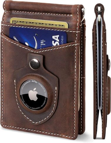 محفظة SERMAN BRANDS AirTag - محفظة RFID للرجال ذات مشبك نقود بسيط لعلامة Airtag - جلد محبب بالكامل - نحيف ثنائي الطي. جيب أمامي لمحافظ Air tag للرجال. هدية (تكساس براون إير) in Kuwait