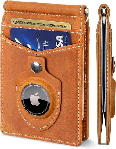 محفظة SERMAN BRANDS AirTag - محفظة RFID للرجال ذات مشبك نقود بسيط لعلامة Airtag - جلد محبب بالكامل - نحيف ثنائي الطي. جيب أمامي لمحافظ Air tag للرجال. هدية (تكساس براون إير) in Kuwait