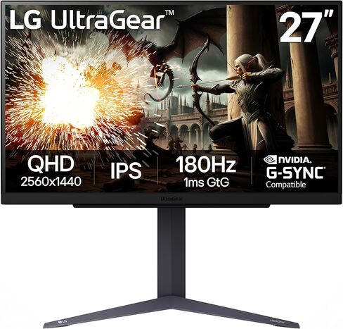 LG 27GS75Q-B شاشة ألعاب Ultragear QHD (2560x1440) مقاس 27 بوصة، 180 هرتز (O/C 200 هرتز)، 1 مللي ثانية، IPS، متوافق مع NVIDIA G-SYNC، AMD FreeSync، HDR10، حامل قابل للإمالة/الارتفاع/حامل محوري، HDMI، منفذ DisplayPort، أسود in Kuwait