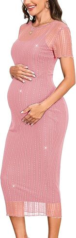 Sparkly Mesh Maternity Dress Short Sleeve 2 Piece Bodycon Midi Pregnancy Dress for Baby Shower Wedding Guest Party in Saudi Arabia