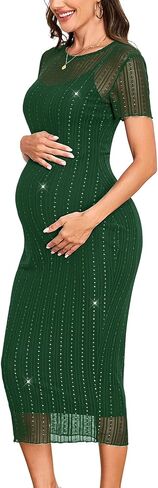 Sparkly Mesh Maternity Dress Short Sleeve 2 Piece Bodycon Midi Pregnancy Dress for Baby Shower Wedding Guest Party in Saudi Arabia