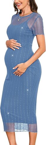 Sparkly Mesh Maternity Dress Short Sleeve 2 Piece Bodycon Midi Pregnancy Dress for Baby Shower Wedding Guest Party in Saudi Arabia