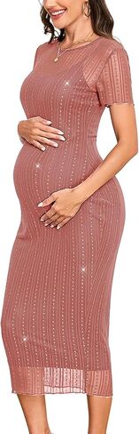 Sparkly Mesh Maternity Dress Short Sleeve 2 Piece Bodycon Midi Pregnancy Dress for Baby Shower Wedding Guest Party in Saudi Arabia