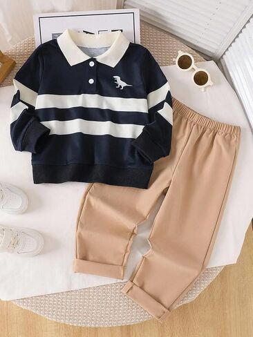 2Pcs Toddler Little Boy Clothes Polo Sweatshirt Pullover Top and Pants Fall Winter Outfit Set for Kids 4-7 Years in Saudi Arabia