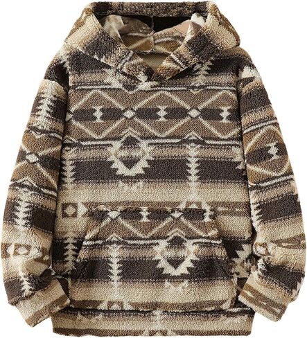 Boy's Geometric Fuzzy Hoodies Long Sleeve Thermal Hooded Neck Sweatshirts Pullovers in Saudi Arabia
