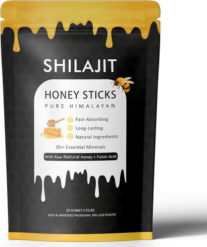 أعواد عسل شيلاجيت الهيمالايا مع العسل الطبيعي والزعفران - تعزيز الطاقة ودعم المناعة، 85+ من المعادن النادرة، 75%+ حمض الفولفيك - 20 عصا (1) in Kuwait