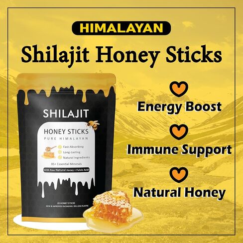 أعواد عسل شيلاجيت الهيمالايا مع العسل الطبيعي والزعفران - تعزيز الطاقة ودعم المناعة، 85+ من المعادن النادرة، 75%+ حمض الفولفيك - 20 عصا (1) in Kuwait