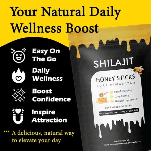 أعواد عسل شيلاجيت الهيمالايا مع العسل الطبيعي والزعفران - تعزيز الطاقة ودعم المناعة، 85+ من المعادن النادرة، 75%+ حمض الفولفيك - 20 عصا (1) in Kuwait