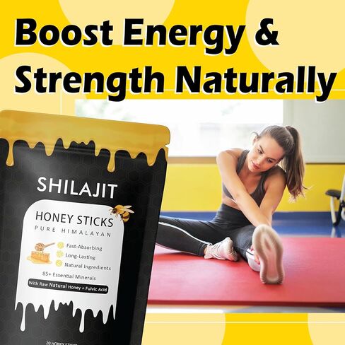 أعواد عسل شيلاجيت الهيمالايا مع العسل الطبيعي والزعفران - تعزيز الطاقة ودعم المناعة، 85+ من المعادن النادرة، 75%+ حمض الفولفيك - 20 عصا (1) in Kuwait