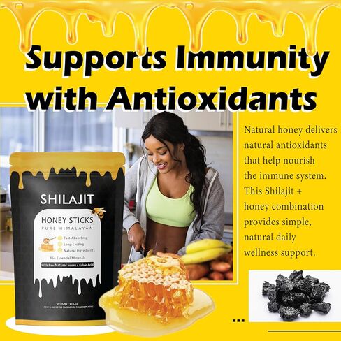 أعواد عسل شيلاجيت الهيمالايا مع العسل الطبيعي والزعفران - تعزيز الطاقة ودعم المناعة، 85+ من المعادن النادرة، 75%+ حمض الفولفيك - 20 عصا (1) in Kuwait