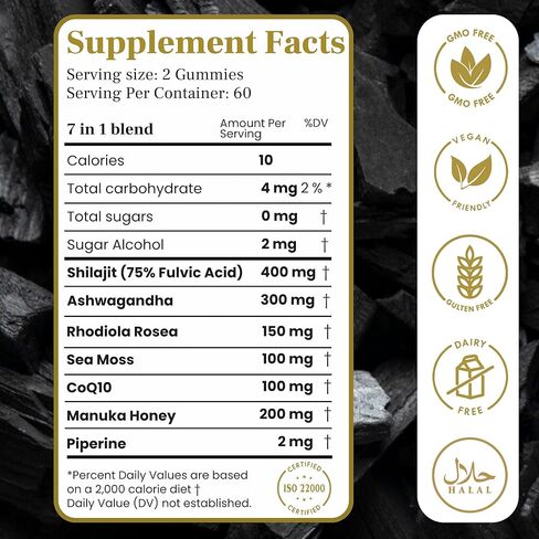 Himalayan Shilajit Gummies with Ashwagandha – Pure 7-in-1 Formula with 75% Fulvic Acid & 92+ Minerals – for Men & Women, Energy, Focus & Stress Support – 60 Sugar-Free, Non-GMO Gummies in Saudi Arabia