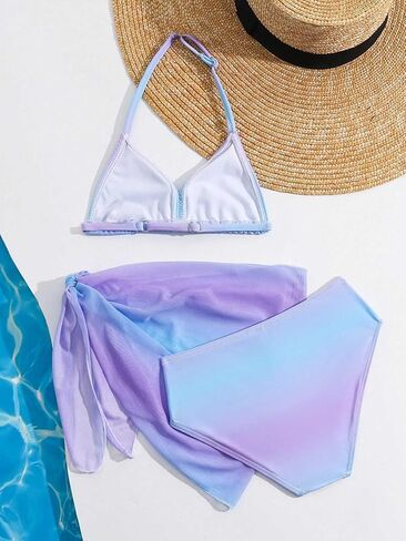 WDIRARA Toddler Girl's 3 Piece Swimsuit Set Halter Triangle Bikini Ombre Bathing Suits Swimwear with Cover Ups in Saudi Arabia