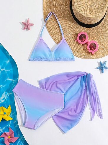 WDIRARA Toddler Girl's 3 Piece Swimsuit Set Halter Triangle Bikini Ombre Bathing Suits Swimwear with Cover Ups in Saudi Arabia
