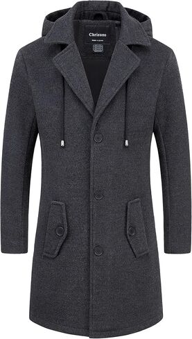 Chrisuno Men's Long Classic Pea Coat Notched Collar Single Breasted Winter Overcoat Slim Fit Trench Coats in Saudi Arabia