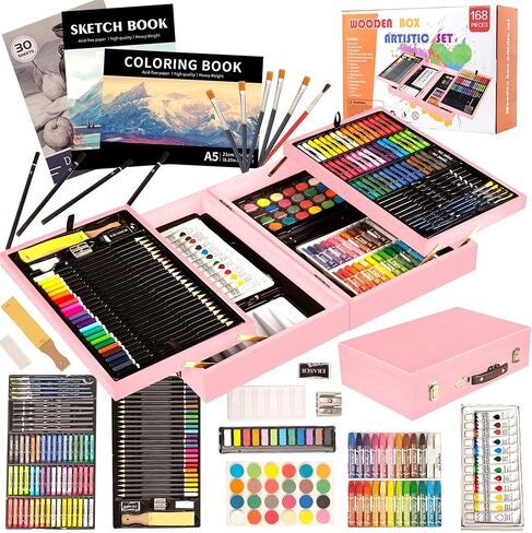 KINSPORY 168-Pack Art Supplies, Deluxe Wooden Art Set Crafts Drawing Painting Coloring Kit, Coloring Book, Sketch Pads Creative Gift Box for Artist Beginners Kids Girls Boys 5 6 7 8 9 10 11 12 in Saudi Arabia