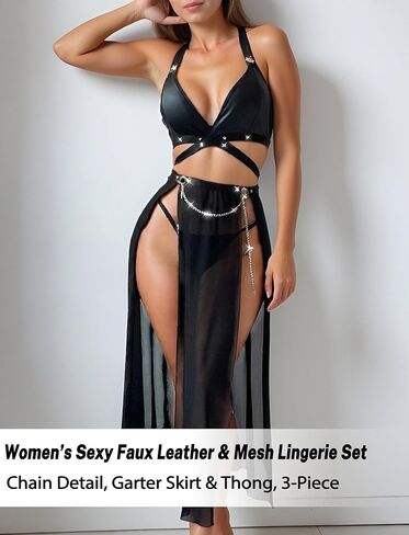 SEAUR Women Sexy Babydoll Lingerie Set PU Halter Bra Top High Waist Split Sheer Maxi Skirt with Panties Nightgown in Saudi Arabia