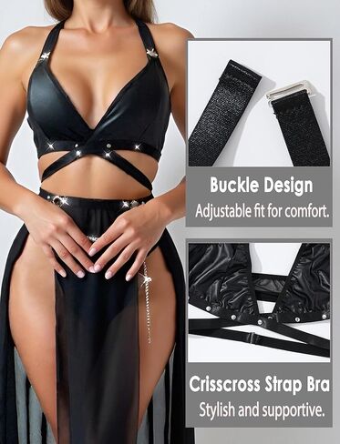 SEAUR Women Sexy Babydoll Lingerie Set PU Halter Bra Top High Waist Split Sheer Maxi Skirt with Panties Nightgown in Saudi Arabia