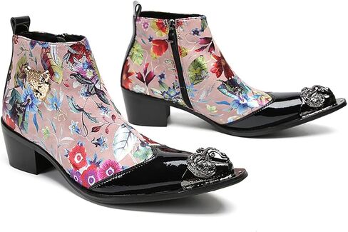 Santimon Mens Chelsea Boots Party Dress Casual Leather Metal Tip Toe Cowboy Boots for Men Fashion Flower Lion Head Handmade Western Boots in Saudi Arabia