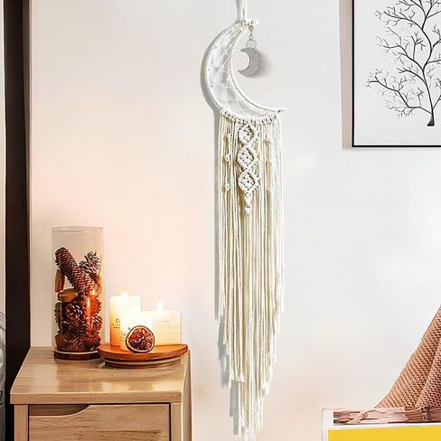Dream Catchers, Boho Macrame Woven Wall Hanging, Crochet Crescent Moon Star Dream Catcher with Long Tassel, White Cotton Boho Wall Decor, Moon in Saudi Arabia