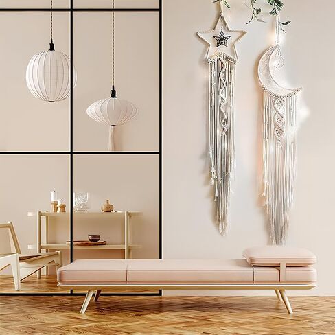 Dream Catchers, Boho Macrame Woven Wall Hanging, Crochet Crescent Moon Star Dream Catcher with Long Tassel, White Cotton Boho Wall Decor, Moon in Saudi Arabia
