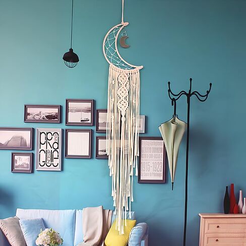 Dream Catchers, Boho Macrame Woven Wall Hanging, Crochet Crescent Moon Star Dream Catcher with Long Tassel, White Cotton Boho Wall Decor, Moon in Saudi Arabia