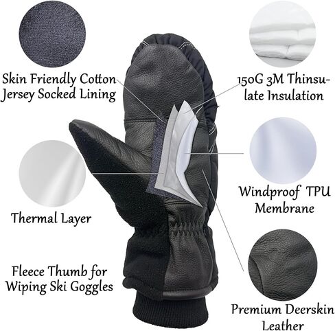 SKYDEER Kids Ski Mittens, Soft Premium Deerskin Leather and Warm 150G 3M Thinsulate Insulation (SD8753M, Kids) in Saudi Arabia