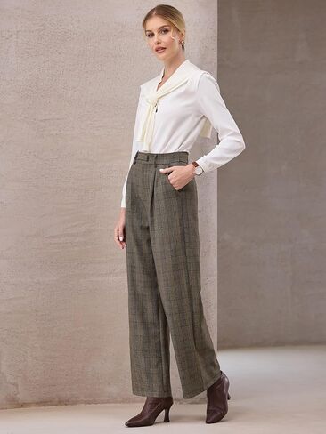 Women's Plaid Work Pant Vintage Houndstooth Wide Leg Straight Long Trousers in Saudi Arabia