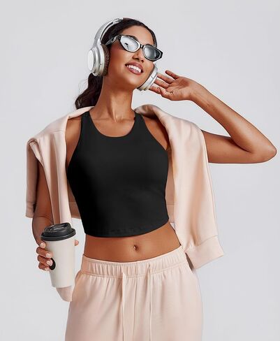 PINSPARK حمالة صدر رياضية للنساء برقبة عالية من Racerback قطع علوية بدون أكمام طويلة مبطنة لليوجا مع وسادات مدمجة in Kuwait