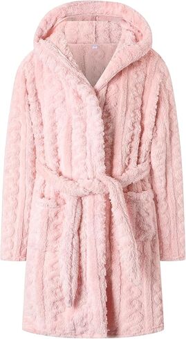Umeyda Girls Bathrobe, Cute Comfy Soft Fleece Hooded Bath Robe With Belt Pockets, Twist Pink, M in Saudi Arabia