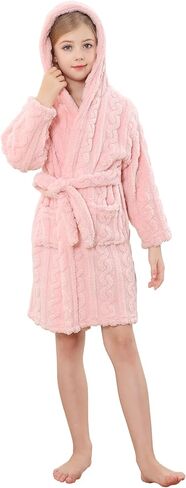 Umeyda Girls Bathrobe, Cute Comfy Soft Fleece Hooded Bath Robe With Belt Pockets, Twist Pink, M in Saudi Arabia