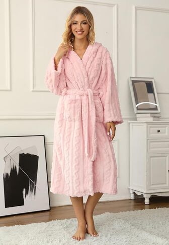 Umeyda Girls Bathrobe, Cute Comfy Soft Fleece Hooded Bath Robe With Belt Pockets, Twist Pink, M in Saudi Arabia
