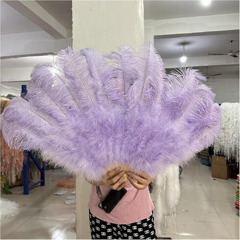 Ostrich Feather Fan,90cm Ostrich Feather Fan,Hand Crafts Fan with Feather for Dancer Stage Performances,Folding Feather Fans(Light Blue,Left Hand) in Saudi Arabia