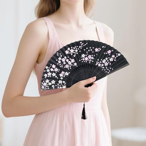 Folding Hand Fan for Women, Foldable Chinese Japanese Vintage Bamboo Silk with Storage Bag, for Dancing Cosplay Wedding Party Props Decoration, Black in Saudi Arabia