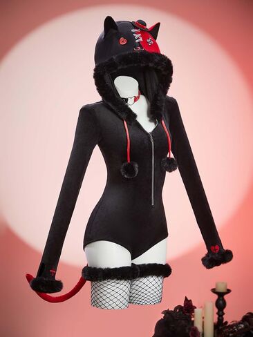 MEOWCOS Gothic Bodysuit Furry Hooded Romper Homewear Halloween Costume Deep V Cat Meow Bodysuit with Tail Socks in Saudi Arabia