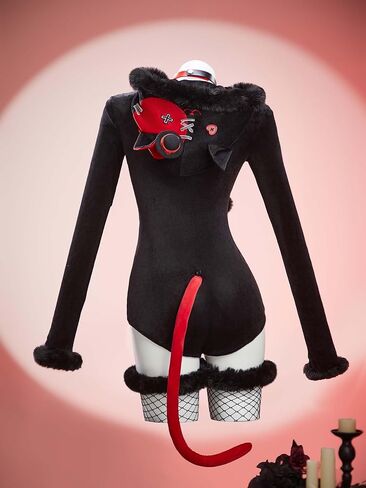 MEOWCOS Gothic Bodysuit Furry Hooded Romper Homewear Halloween Costume Deep V Cat Meow Bodysuit with Tail Socks in Saudi Arabia
