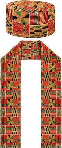 African Hat for Men – Kente Print Kufi Hat and Stole Scarf Set, Dashiki Inspired Kente Cloth Accessories for Black History Month in Saudi Arabia