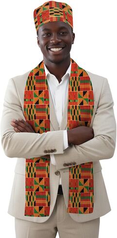 African Hat for Men – Kente Print Kufi Hat and Stole Scarf Set, Dashiki Inspired Kente Cloth Accessories for Black History Month in Saudi Arabia