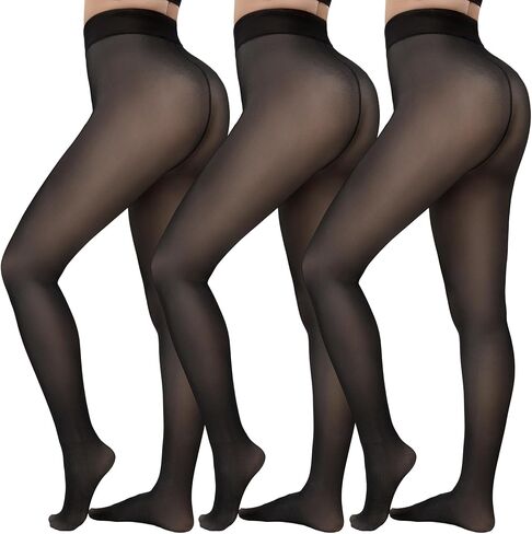 HONGTEYA 3 Pairs Fleece Lined Tights Women - Warm Sheer Pantyhose Fake Translucent Tights Winter Thermal Leggings in Saudi Arabia
