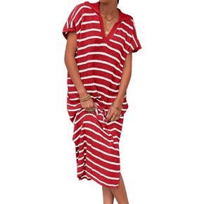 Saodimallsu Womens Striped Summer Dresses Short Sleeve V Neck Knit Collared Sexy Slit Loose Maxi Sweater Dress