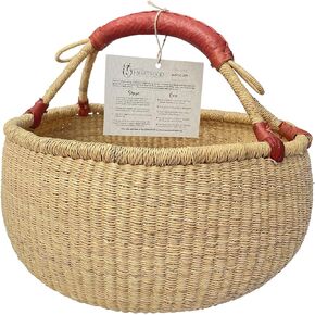 Deluxe Round Natural African Basket - Large 16" Round - by market women in Bolgatanga, Ghana with Africa Heartwood Project - GBLRN (Flat-packed)