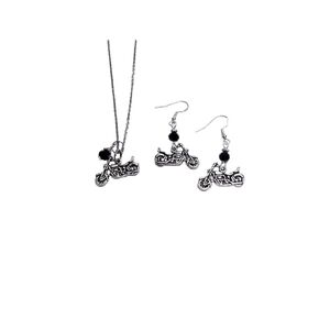 Motorcycle Necklace & Earring Set, with jet black crystal faceted accent beads, on 20 inch stainless steel chain and sterling silver earwires